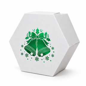 White hexagonal micro-corrugated Christmas design box with a removable lid, without a window