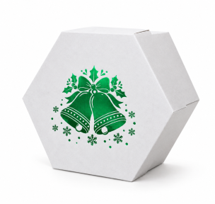 White hexagonal micro-corrugated Christmas design box with a removable lid, without a window
