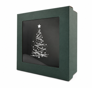 GREEN micro-corrugated cardboard Christmas design box with a removable lid and a window